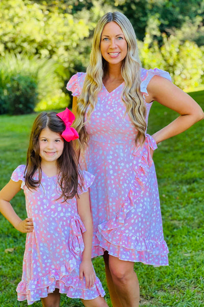 Mom & Me Pink Dotted Wrap Ruffle Dress