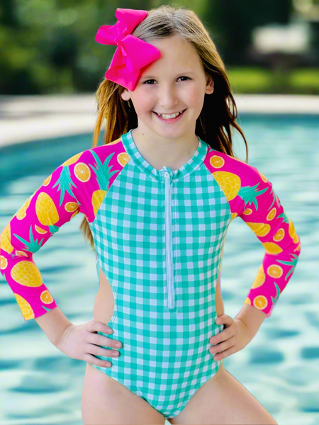 Gingham & Lemons Long Sleeve Cut Out One Piece Rash guard Swimsuit