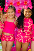 Hot Pink Sunset Polka Dot Long Sleeve Rashguard 2PC Swimsuit