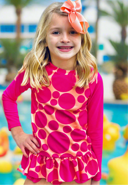 Hot Pink Sunset Polka Dot Long Sleeve Rashguard 2PC Swimsuit