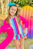 Pink & Rainbow Stripes Long Sleeve Rashguard 2PC Swimsuit