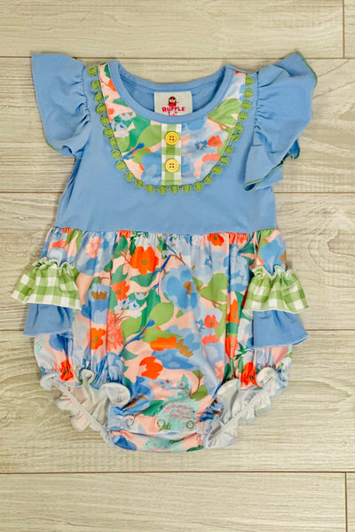 Blue & Green Floral Mix Pattern Ruffle Infant Romper