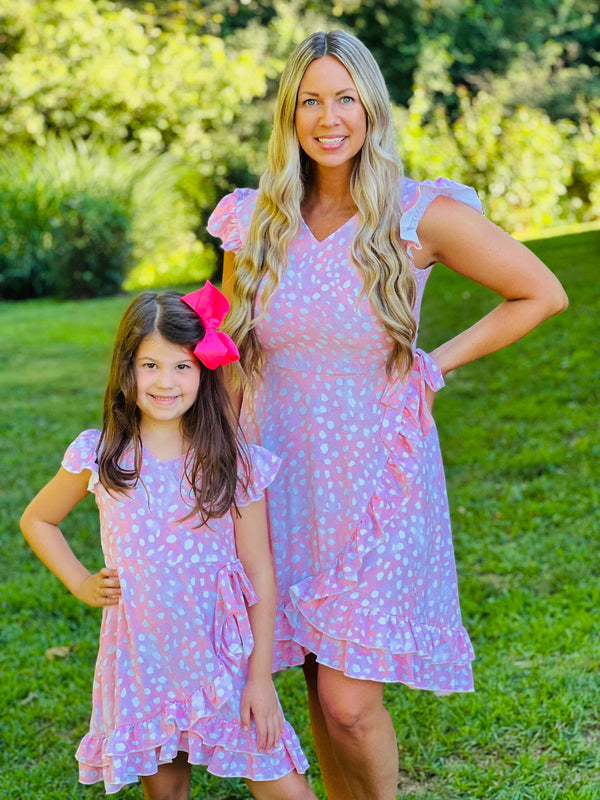 Mom & Me Pink Dotted Wrap Ruffle Dress