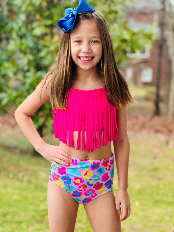 Hot Pink Rainbow Leopard Fringe Top Bikini Swimsuit