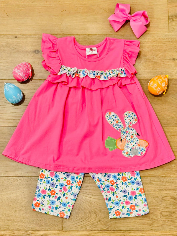 Hot Pink Floral Easter Bunny Frill Shorts Set Ruffle Girl Hot Pink Floral Easter Bunny Frill Shorts Set Ruffle Girl