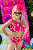 Hot Pink Sunset Polka Dot Ruffle One Shoulder Bikini Swimsuit