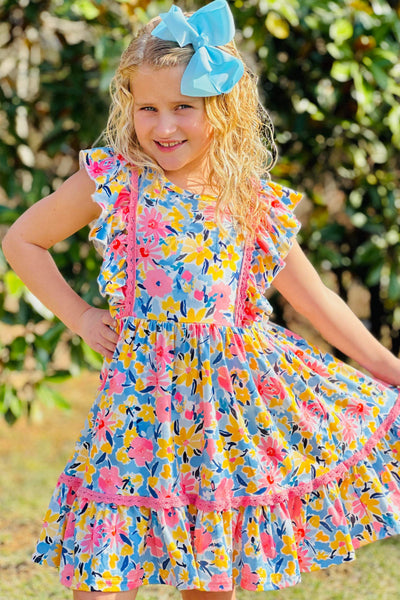 Pink Yellow & Blue Floral Ruffle Twirl Dress