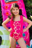 Hot Pink Sunset Polka Dot Ruffle One Piece Swimsuit