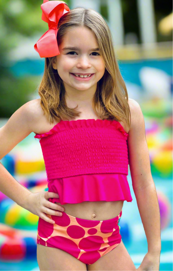 Hot Pink Sunset Polka Dot Cinched Top Tankini Swimsuit – Ruffle Girl