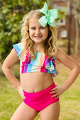 Pink & Rainbow Stripes Ruffle One Shoulder Bikini Swimsuit