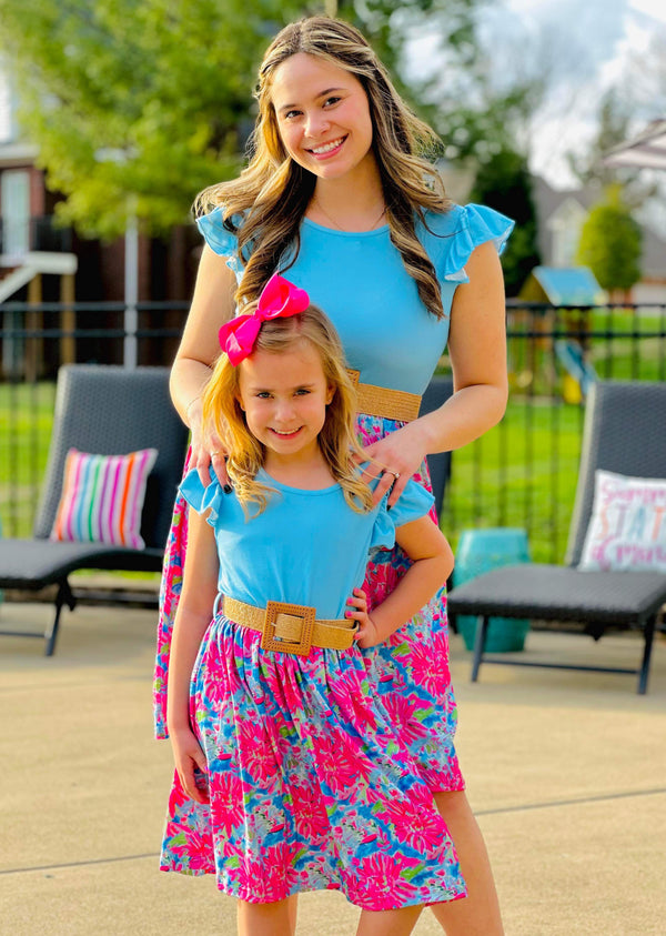 Mom & Me Blue & Pink Floral Dress with Belt