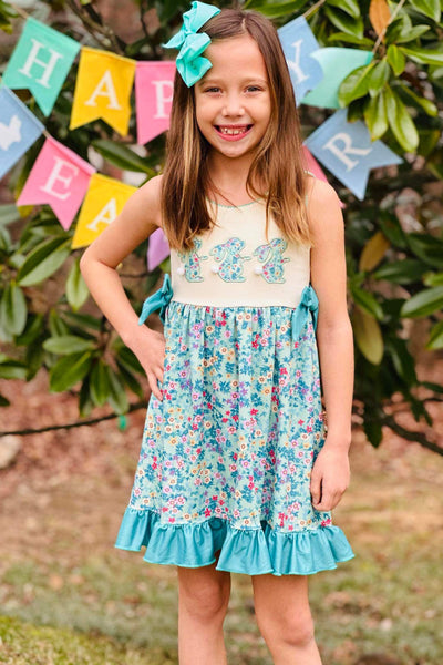 Blue Easter Bunny Floral Ruffle Dress