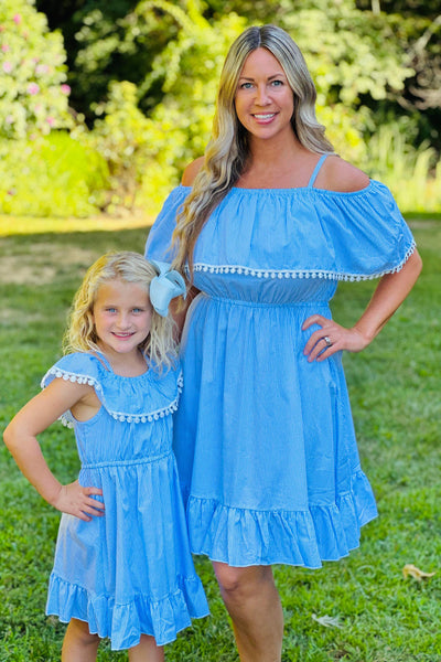Mom & Me Blue Ruffle Dress with Pompom Accent