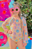 Peach Smiles & Daisy Long Sleeve Rashguard Swimsuit