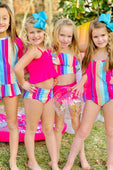 Pink & Rainbow Stripes Long Sleeve Rashguard 2PC Swimsuit