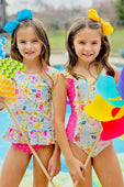 Yellow Gingham & Floral Two Piece Rashguard Swimsuit