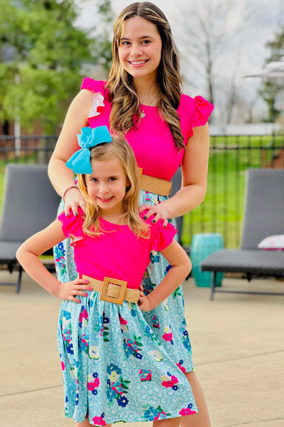 Mom & Me Pink & Blue Blossom Dress with Belt