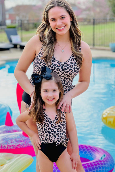 Mom & Me Leopard and Black Color Block One Piece Swimsuit