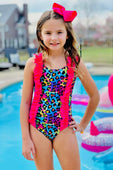 Rainbow Watercolor Leopard One Piece Swimsuit