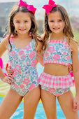 Floral & Pink Checkered One Piece Swimsuit