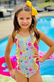 Yellow Gingham & Floral One Piece Ruffle Swimsuit