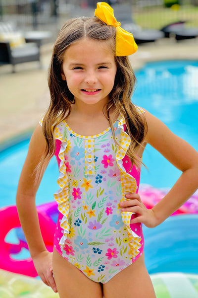 Yellow Gingham & Floral One Piece Ruffle Swimsuit