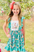 Green Floral Easter Bunny Ruffle Dress