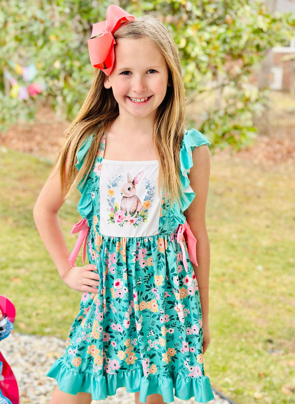 Green Floral Easter Bunny Ruffle Dress