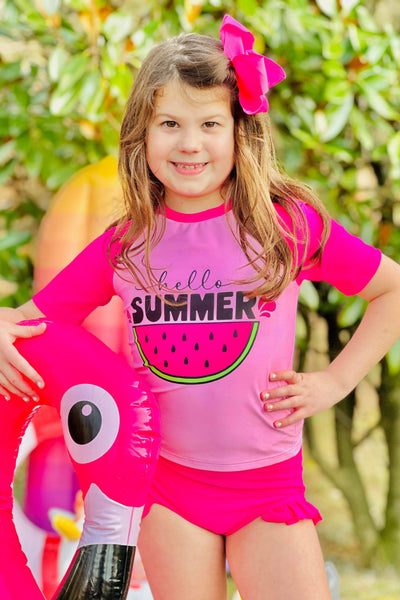 Hello Summer Melon Short Sleeve Rash Guard Two Piece Swimsuit